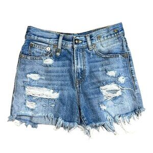 R13 - 325 SHREDDED "SLOUCH" DENIM SHORTS IN BANKSIDE BLUE  SZ 25
